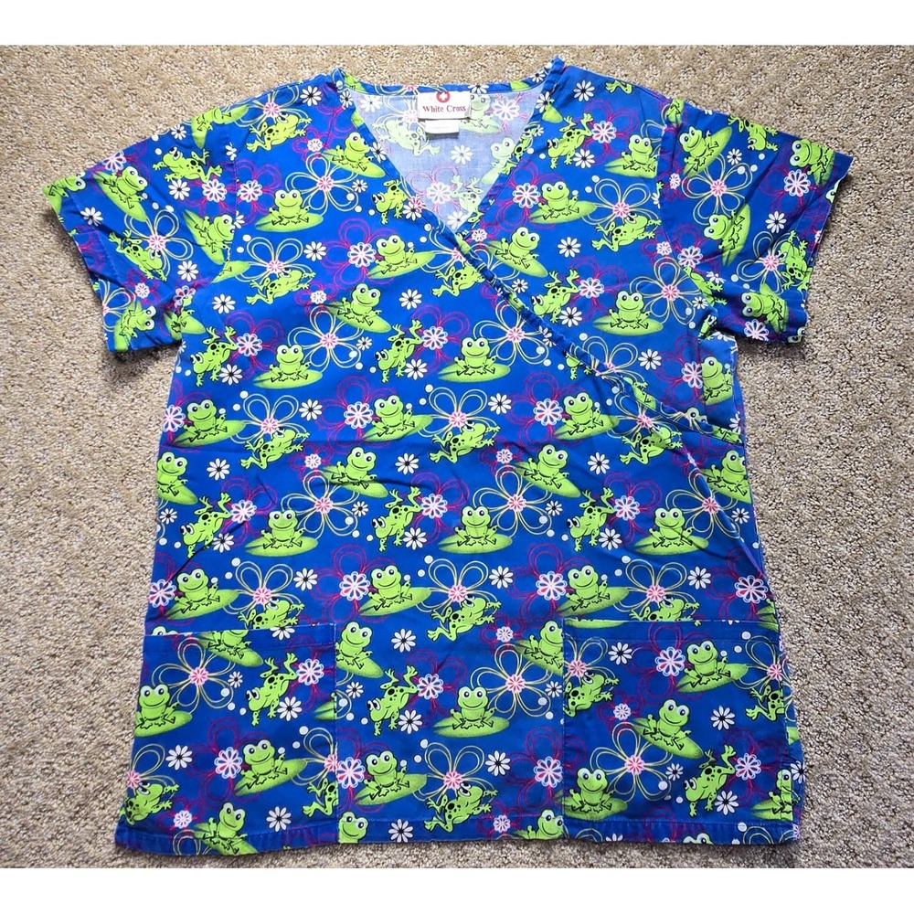 White Cross Women's M Blue Frog Floral Scrub Top V Neck 3 Pocket 100% Cotton